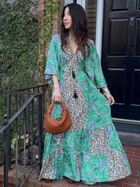 ShopEvelynne Silk Blend Green Paisley & Leopard Panel Maxi Dress